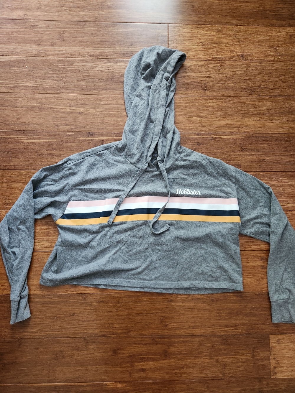 Hollister Women's Gray Cropped Hoodie with Stripes Boyfriend Tee Shirt, XS